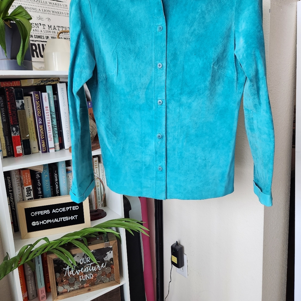 Vintage Express Teal Suede Button Up Shirt - Picture 2 of 5